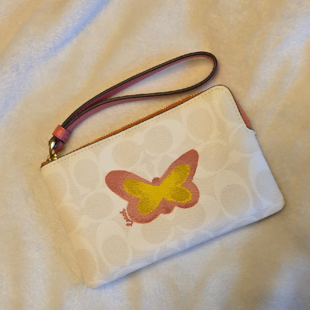 Coach Cream Wristlet with Pink and Yellow Butterfly